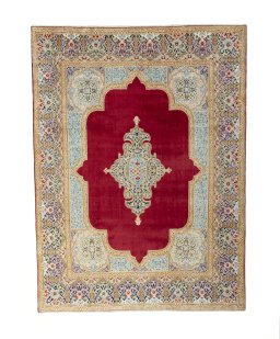 Full view of 2000s Kerman rug from Iran / Persia, 367 × 277 cm in Red tones
