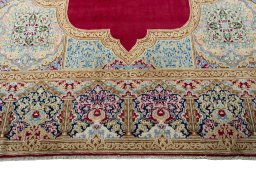 Full view of 2000s Kerman rug from Iran / Persia, 367 × 277 cm in Red tones