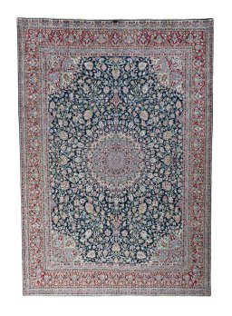 Full view of 2000s Kerman rug from Iran / Persia, 430 × 300 cm in Blue tones