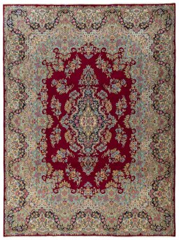 Full view of 2000s Kerman rug from Iran / Persia, 407 × 303 cm in Red tones