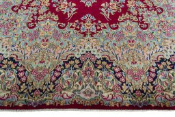 Full view of 2000s Kerman rug from Iran / Persia, 407 × 303 cm in Red tones