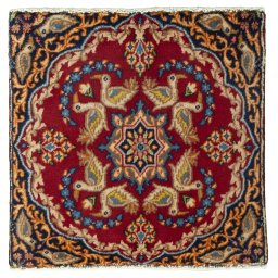 Full view of 2000s Kerman rug from Iran / Persia, 55 × 55 cm in Red tones