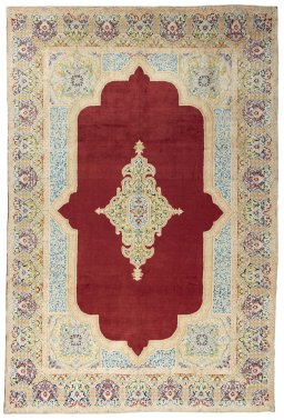 Full view of 2000s Kerman rug from Iran / Persia, 443 × 297 cm in Red tones