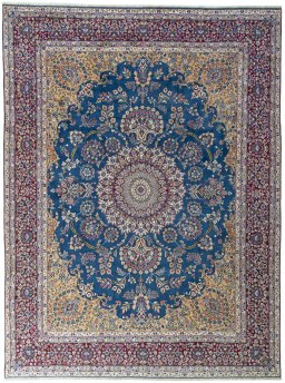 Full view of New Kerman rug from Iran / Persia, 405 × 305 cm in Blue tones