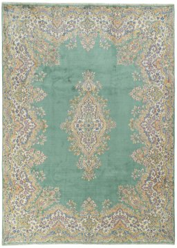 Full view of 2000s Kerman rug from Iran / Persia, 370 × 270 cm in Green tones
