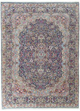 Full view of 1970s Kerman rug from Iran / Persia, 322 × 239 cm in Blue tones