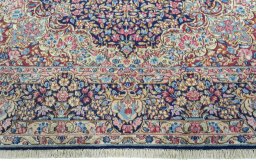 Full view of 1970s Kerman rug from Iran / Persia, 322 × 239 cm in Blue tones