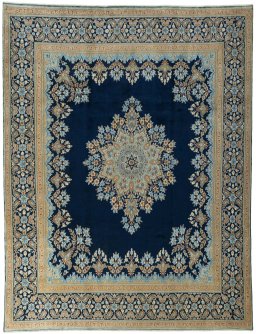 Full view of 2000s Kerman rug from Iran / Persia, 390 × 297 cm in Blue tones