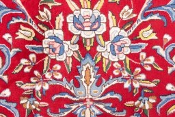 Full view of 2002s Kerman rug from Iran / Persia, 385 × 95 cm in Red tones