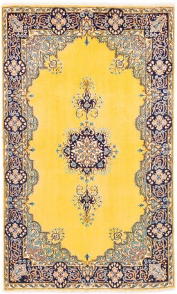 Full view of 2000s Kerman rug from Iran / Persia, 239 × 143 cm in Yellow tones