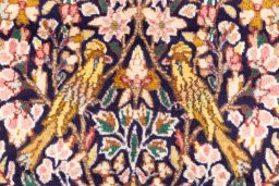 Full view of 1980s Kerman rug from Iran / Persia, 210 × 115 cm in Dark blue tones