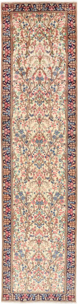 Full view of 2000s Kerman rug from Iran / Persia, 375 × 93 cm in Cream tones
