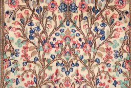 Full view of 2000s Kerman rug from Iran / Persia, 375 × 93 cm in Cream tones