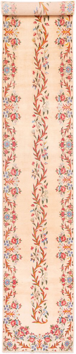 Full view of 2005s Kerman rug from Iran / Persia, 577 × 90 cm in Cream tones