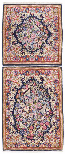 Full view of 1990s Kerman rug from Iran / Persia, 130 × 52 cm in Blue tones