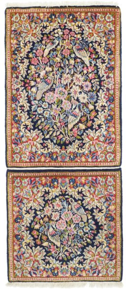 Full view of 1990s Kerman rug from Iran / Persia, 130 × 52 cm in Blue tones