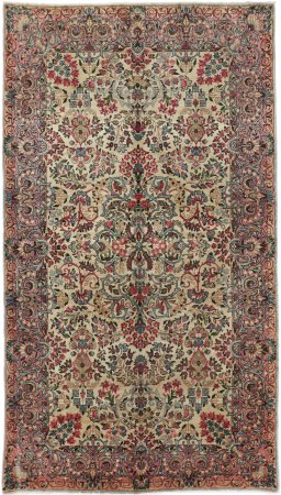 Full view of 1920s Kerman rug from Iran / Persia, 220 × 125 cm in Beige tones