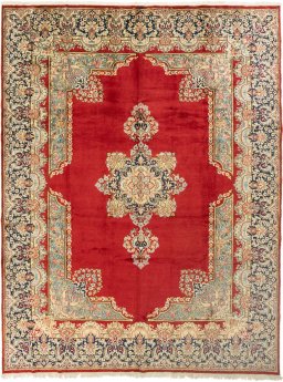 Full view of 1990s Kerman rug from Iran / Persia, 405 × 300 cm in Red tones