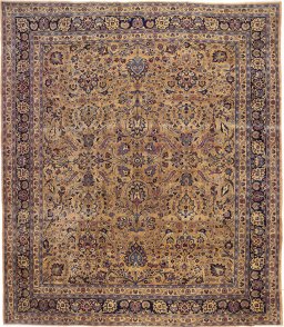 Full view of 1960s Khorasan rug from Iran / Persia, 417 × 366 cm in Brown tones