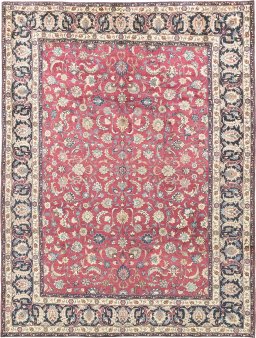 Full view of 1960s Mashad rug from Iran / Persia, 383 × 295 cm in Red tones