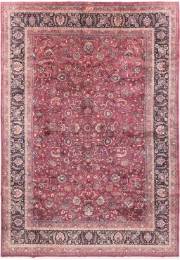 Full view of 1960s Mashad rug from Iran / Persia, 500 × 353 cm in Red tones