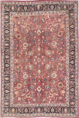 Full view of 1960s Mashad rug from Iran / Persia, 300 × 200 cm in Red tones