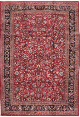 Full view of 1960s Mashad rug from Iran / Persia, 482 × 301 cm in Dark red tones