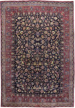 Full view of 1960s Mashad rug from Iran / Persia, 498 × 335 cm in Dark blue tones