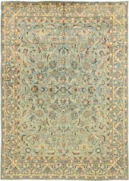 Full view of 1980s Mashad rug from Iran / Persia, 417 × 295 cm in Green tones