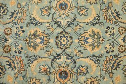 Full view of 1980s Mashad rug from Iran / Persia, 417 × 295 cm in Green tones