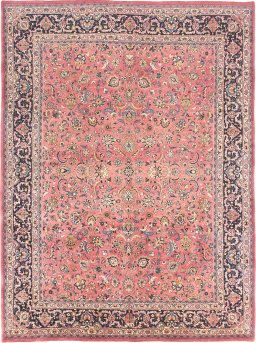 Full view of 1960s Mashad rug from Iran / Persia, 406 × 307 cm in Red tones
