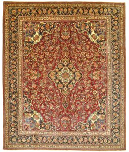Full view of 1970s Mashad rug from Iran / Persia, 379 × 316 cm in Red tones