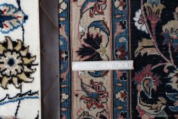 Full view of New Mashad rug from Iran / Persia, 602 × 400 cm in Beige tones