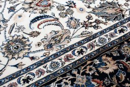 Full view of New Mashad rug from Iran / Persia, 602 × 400 cm in Beige tones