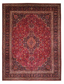 Full view of 1950s Mashad rug from Iran / Persia, 385 × 290 cm in Red tones