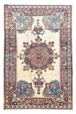 Full view of 1950s Mashad rug from Iran / Persia, 198 × 129 cm in Beige tones