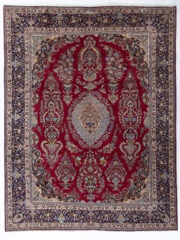 Full view of 1970s Mashad rug from Iran / Persia, 387 × 300 cm in Red tones