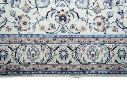 Full view of New Mashad rug from Iran / Persia, 291 × 196 cm in Beige tones