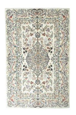 Full view of New Mashad rug from Iran / Persia, 300 × 195 cm in Beige tones