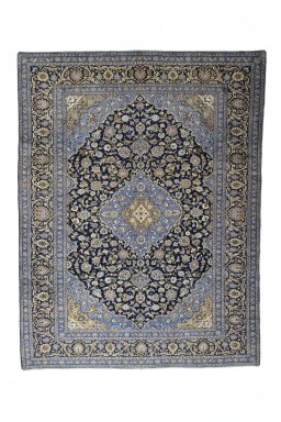 Full view of 2000s Mashad rug from Iran / Persia, 385 × 295 cm in Blue tones