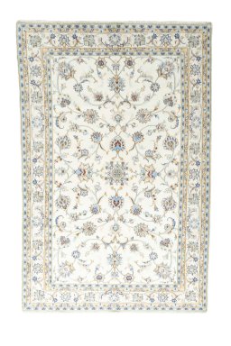 Full view of New Mashad rug from Iran / Persia, 294 × 195 cm in Beige tones