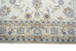 Full view of New Mashad rug from Iran / Persia, 294 × 195 cm in Beige tones