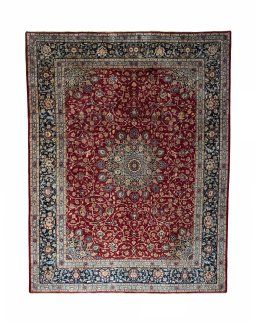 Full view of 2000s Mashad rug from Iran / Persia, 382 × 296 cm in Red tones