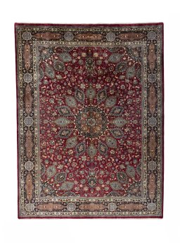 Full view of 2000s Mashad rug from Iran / Persia, 432 × 328 cm in Red tones