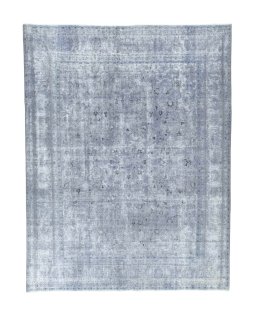 Full view of 1950s Mashad rug from Iran / Persia, 374 × 290 cm in Gray tones