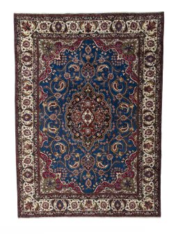 Full view of 2000s Mashad rug from Iran / Persia, 340 × 246 cm in Blue tones