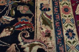 Full view of 1970s Mashad rug from Iran / Persia, 385 × 308 cm in Blue tones