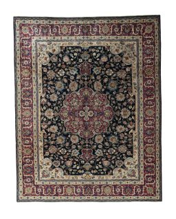 Full view of 1970s Mashad rug from Iran / Persia, 385 × 308 cm in Blue tones