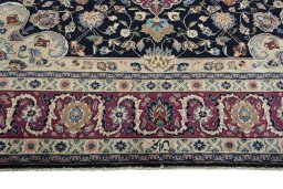 Full view of 1970s Mashad rug from Iran / Persia, 385 × 308 cm in Blue tones
