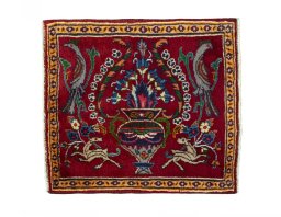 Full view of 2000s Mashad rug from Iran / Persia, 64 × 57 cm in Red tones